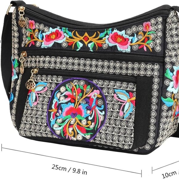 Embroidered Canvas 3 zip Small Crossbody Bag Cell Phone Purse Shoulder Wallet Ha - Picture 3 of 6